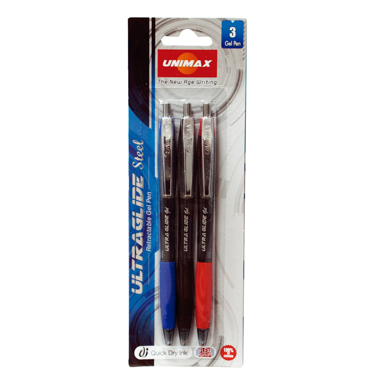 BOLÍGRAFO RETRACTIL PLUS OFFICE UNIMAX ULTRAGLIDE STEEL GEL COLORES SURTIDOS BLÍSTER 3 UNIDADES